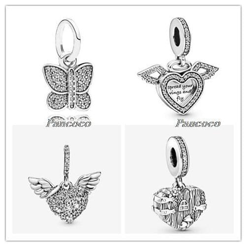 925 Sterling Silver Charm Heart & Angel Wings Charm Beads Fit Women Pandora Bracelet & Necklace DIY Jewelry
