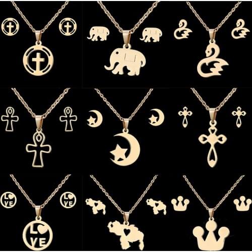 Charms Jewelry Set Animal Horse Dragonfly Wedding Jewelry set Women Gold-Color Jewelry Stainless Steel Necklace Stud Earrings