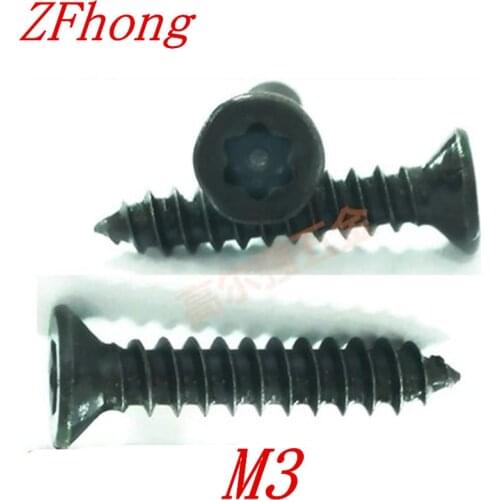 100pcs/lot m3*6/8/9/13/16/19 Six-Lobe black Torx Flat countersunk head self tapping screw with pin