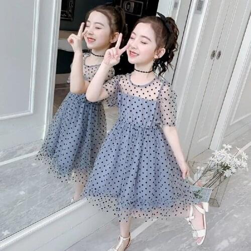 Girls Summer Party Ball Gown Dress Kids Tulle Chiffon Costume Puff Sleeves Polka Dots Evening Party Costume Fairy Dresses