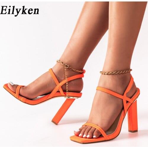 Eilyken Fashion Gladiator Square Heels Sexy Metal Chain Buckle Strap Orange Summer Ladies' Wedding Pumps Sandals