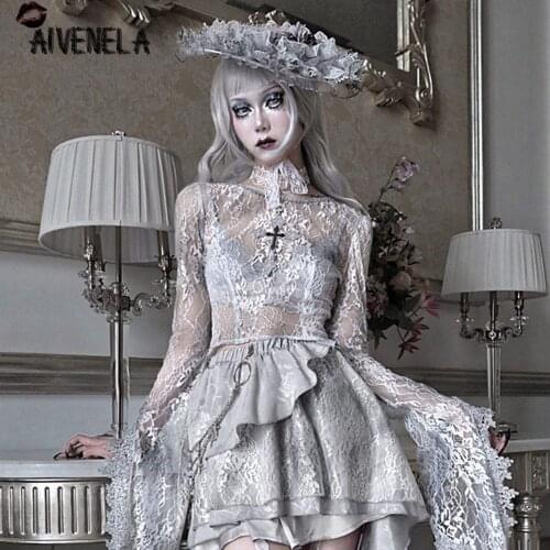 Harajuku Gothic Girls Lace See Through T-shirt Tops Long Flare Sleeve Lolita Cross Female T-shirts Basic Tee AFC1315