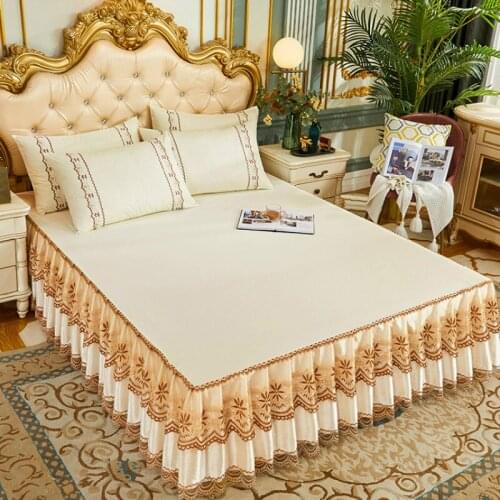 Cilected 3Pcs/Set Nordic Lace Bed Skirt Pillowcase Embossed Brushed Anti-Skid Bedspread Princess Wind Mattress Protector Cover