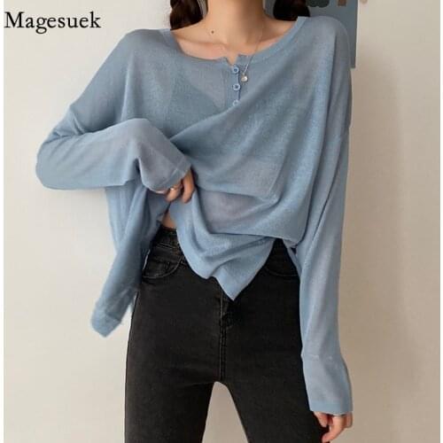 Korean Sunscreen Shirt Women Fashion Long Sleeve Loose Crop Tops Pullover Knitted Blouse Womens Thin White Bottoming Tops 13484