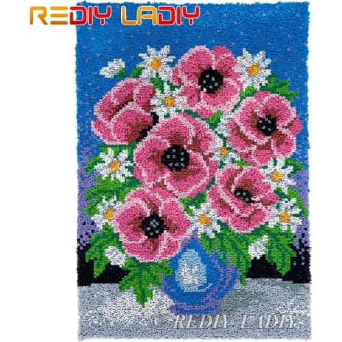 Latch Hook Kits Flowers with Vase Chunky Yarn Embroidery Crochet Tapestry Kits Needlework Arts & Crafts DIY Carpet Rug 58*87cm