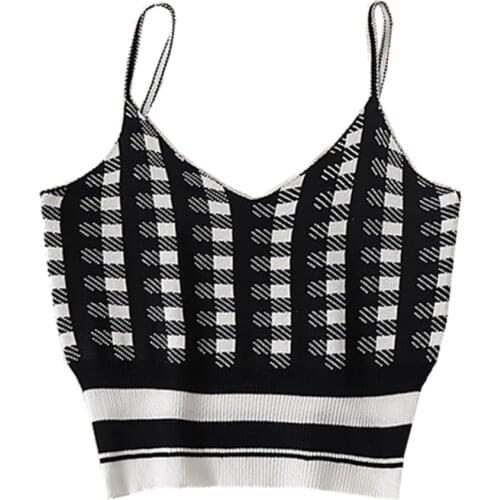 Ins Spring Summer Cute Girls Knitted Plaid Short Camis Women Slim V-Neck Tank Top Sweet Lady Sexy Straps Vest Female