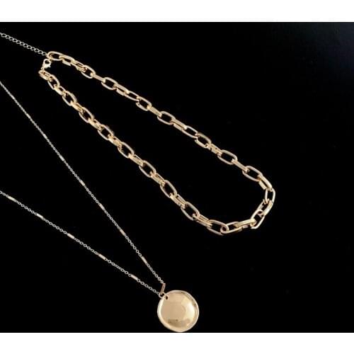 TIMEONLY Exaggeration Multi Layering Coin Pendant Necklace Chunky Cuban Hollow Chain Neckalce Jewelry for Women Ladies Retro