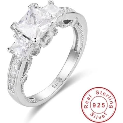 Fashion 925 sterling silver ring Classic square Three-stone Simulated Diamond ring Wedding Ring for Women jewelry gift Size 5-10