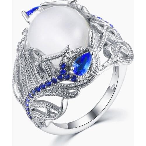 Fashion moonstone cats eye sapphire gemstones zircon diamonds rings for women luxury white gold silver color jewelry bijoux