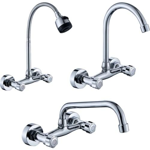 Wall Mounted Kitchen Faucet Brass Chrome Spray Sink Tap Dual Handle Double Hole Cold And Hot Water Mixer Tap Washbasin Faucets