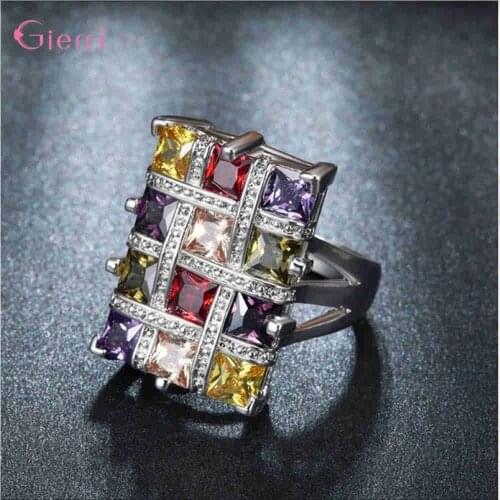 New Design 925 Sterling Silver Square Rainbow Cubic Zircon Ring for Women Ladies Personality Creative Crystal Rings