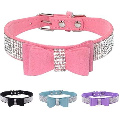 Dog Collar Crystal Home Leathe rBling Padded Bow Knot Full Rhinestone Soft Seude Puppy Cat Pet Collar For Small Medium Breeds