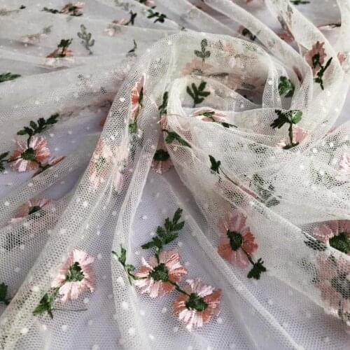 Pink Floral Embroidery White Tulle Lace Fabric For Evening dress / Womens skirt Diy Mesh Lace Trim Sew On Clothing Accessories