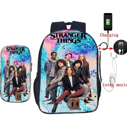 Usb Charging Backpack Stranger Things Backpacks Teenager 2 Pcs Set School Bags Pen Bag for Boys Girls Back To School Mochila