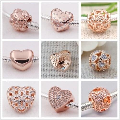 Silver hearts charms with rose gold fit 925 sterling silver bead Bracelet necklace DIY pendant for jewelry making Jewyuer BE174