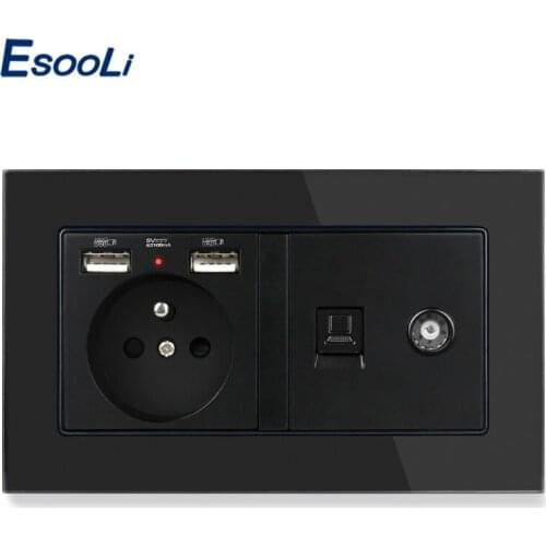ESOOLI Glass Panel French Standard Electric Socket with 2 USB + RJ45 Internet Jack and Television Port Power Outlet