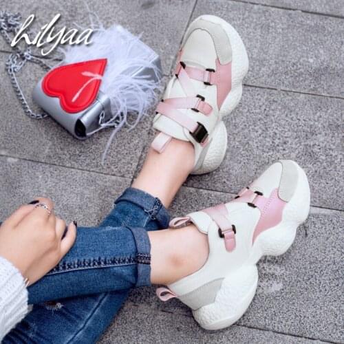 Spring Woman Cusual Sneakers Thick Bottom Female Platform Shoes Genuine Leather Pigskin Fashion Girls Pink Sneakers Trainers