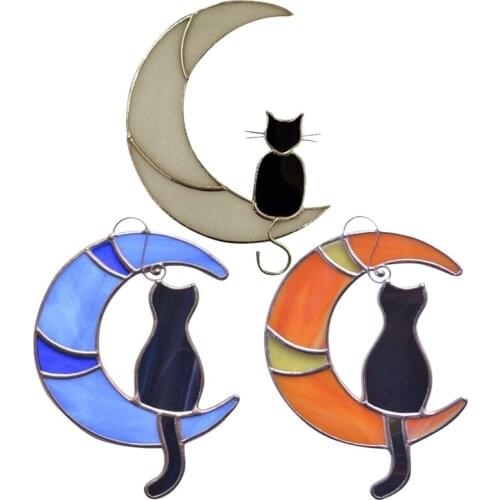 1pcs Stained Glass Cat On the Moon Window Hanging Sticker Suncatcher Cat Lover Gift Pet Gift Black Cat On the Moon Home Decor