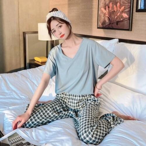 Women Sleepwear Summer Pajamas Medium Style Cotton Pullover Nightgown Medium Style Loose Version Pajama Set Plaid Loose Pants