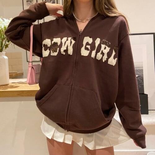 2021 Y2K Wind Hoodie Ladies Fashion Casual Zipper Hoodie Ladies Brown Letter Pattern Long Sleeve Hooded Sweatshirt With Pocket