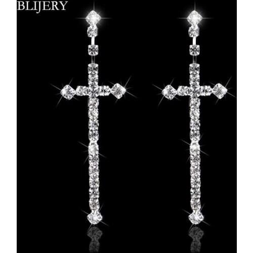 BLIJERY Silver Color Cross Shape Rhinestone Long Earrings for Women Sparking Crystal Dangle Drop Earrings Bridal Wedding Jewelry