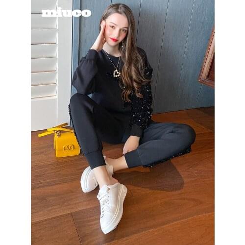 Sequin five pointed star round collar sweater+Womens elastic high waist casual pants suit 2021 Good morning! High Quality