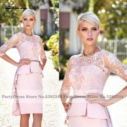 Lakshmigown Vintage Pink Lace Sheath Wedding Guest Knee Length Satin Mother Of the Bride Dresses 2020 Vestido Sukienka Damska
