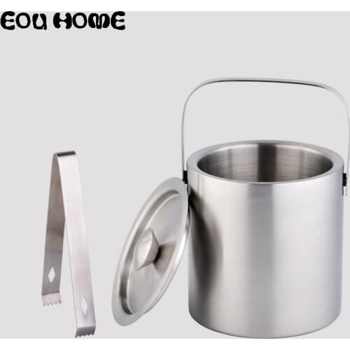 High Capacity 1.3L Stainless Steel Bar Bucket Double Beer Cooling Champagne Wine Round Ice Bucket with Lid Hotel Bar Supplies