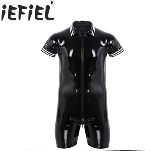 IEFiEL Men Patent Leather Wet Look Short Sleeve Front Zipper Boxer Underwear Bodysuit Jumpsuit Leotard Male Nightclub Clothes