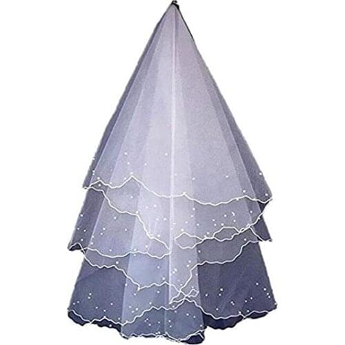 Womens Exquisite Pearls Bridal Veil Short Tulle Wedding Veil White & Ivory Accessories