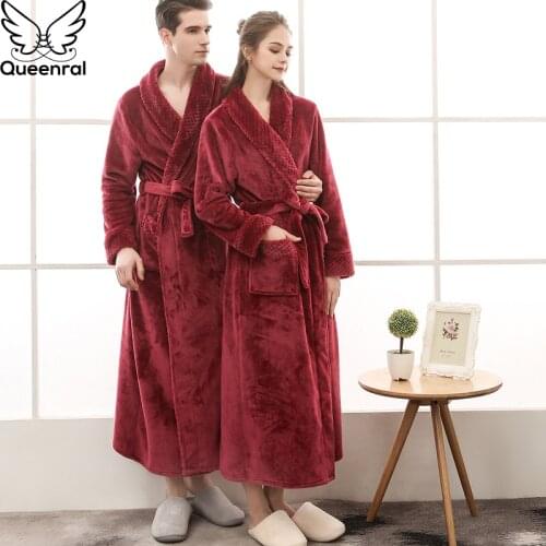 Queenral Man And Woman Robe Winter Long Bathrobe Warm Flannel Satin Male And Female Robes Sleepwear Sexy Pajamas Nightgown