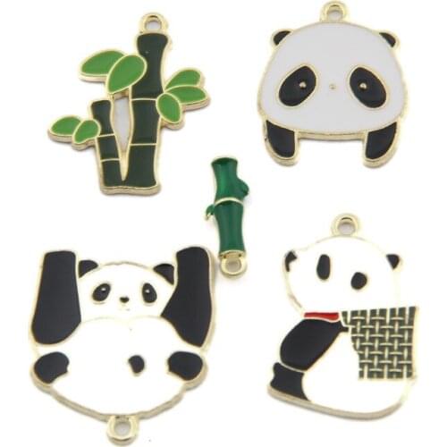 Kawaii Enamel Alloy Charms 50pcs Gold Tone Plated Dripping Oil Cute Animal Panda Bamboo Plant Necklace Earring Pendants Garments