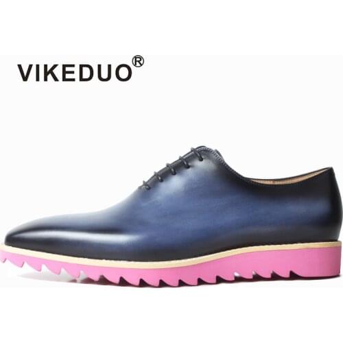 VIKEDUO Sqaure Leather Shoes For Men Handmade Blue Sneakers Patina Dress Wedding Office Driving Shoes Casual Summer Footwear