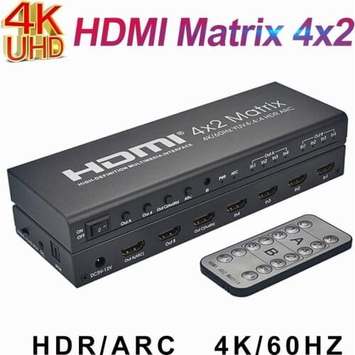 4K HDMI 2.0 4X2 Matrix with audio to HDMI Switcher Switch 4 in 2 Splitter ARC 4K/60HZ HDCP 4K 60Hz YUV 4:4:4 HDR ARC Switch