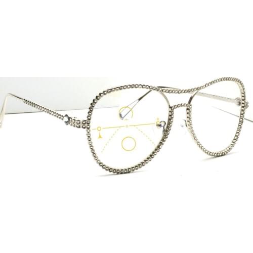 MINCL/Women Multifocal Lenses Photochromic Reading Glasses Men Fashion Diamond Metal Frame Pilot Progressive Sun Glasses NX