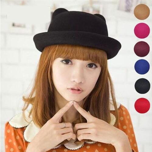 Girls Children Fedoras Hat Spring Bowler Hat Roll Brim Dome Top Hat Devil Horns Cat Ear Felt Wool Sun Hat Good Package
