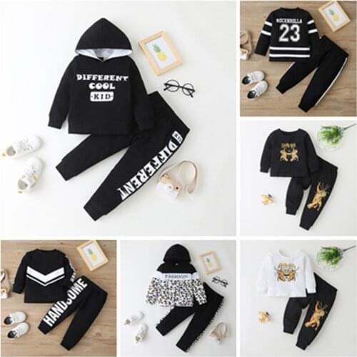 Fashion Cool Winter Fall Toddler Girl Clothes 2pcs Set Letter Leopard Patchwork Long Sleeve Hooded Sweater Tops+trousers 1-6Y