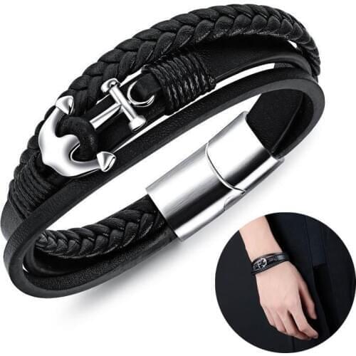Men Anchors Multi Layer PU Leather Braided Bracelet