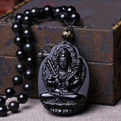 Natural Black Obsidian Beads Necklace Hand-Carved Buddha Jade Pendant Fashion Charm Jewelry Amulet for Man Women Gifts