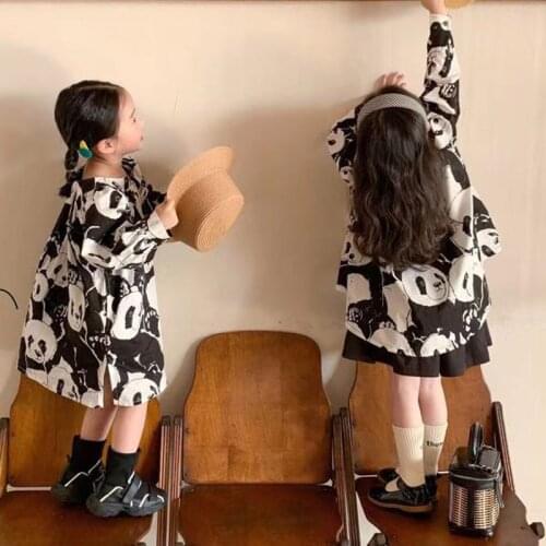 2021 New Spring Panda Print Children Dress Long Sleeve Loose Girls Dresses Kids Clothes DT324