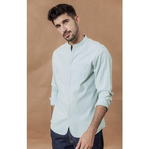 Stand collar Vertical striped shirts men 100% cotton classical denim slim fit minimalist casual shirt
