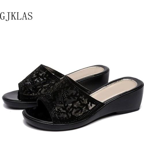 Lace Mule Heel Wedges Slipers for Women Fashion Women Shoes Sandals New Bling Peep Wedge Sandles Black Gold Heels Woman Slippers