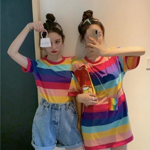 Womens Summer Casual T Shirt Short Sleeve O-Neck Rainbow Striped Loose Ladies Tee