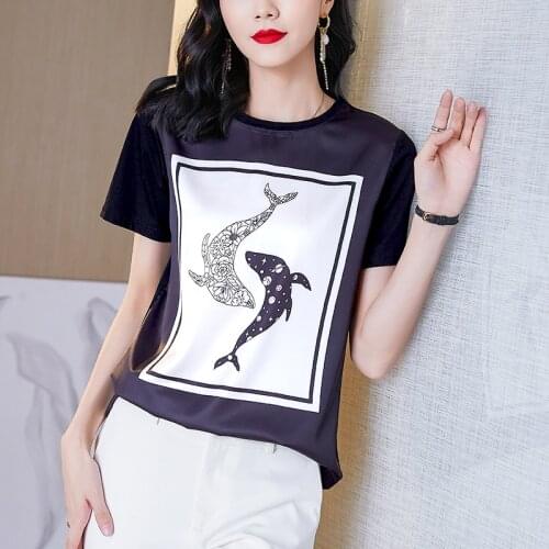 Women Silk Short Sleeve T-Shirt Korean Vintage Print Satin Tops Casual Straight Elegant Summer Lady Round Neck Shirt 2021 Blusas