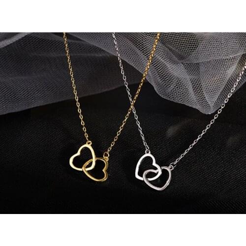 KOFSAC Beautiful Double Heart Connected Necklaces Women Silver Color Jewelry Fashion Simple Girl Necklace Gift For Friend Joyas