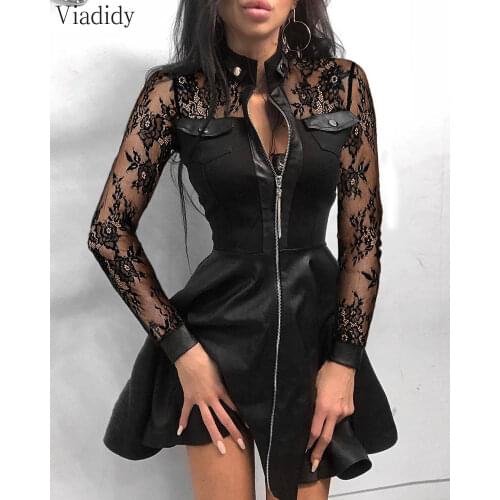 Women Long Sleeve High Neck Sheer Mesh Lace Zipper Design PU Leather Dress Patchwork Fashion Chic Dresses