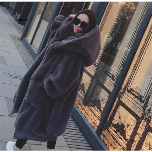 Winter Womens Faux Rabbit Fur Coat Fluffy Teddy Jackets with Hood Thick Warm Long Ladies Loose Coat Luxury Jacket Outwear