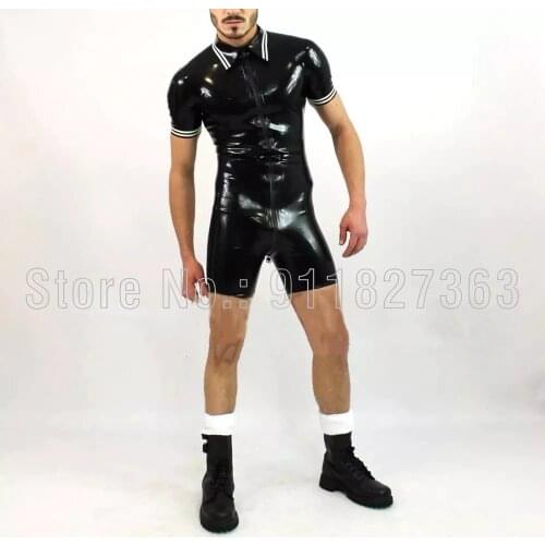 100% Natural Latex Catsuit Black and White Trim Latex Rubber Man Tight Short Sleeve Bodysuit Jumpsuit Fashion Front Crotch Zip