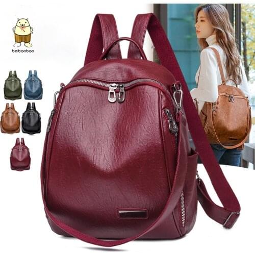 Beibaobao 2021 Summer New Large Capacity Shoulder Bag Womens Backpack Soft Leather Girl School Bag Travel Backpack