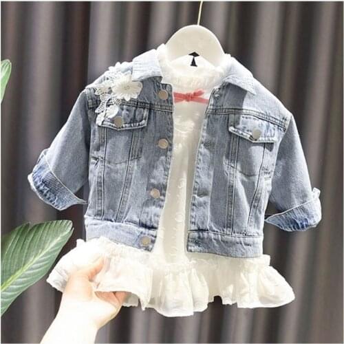 Children Denim Jackets for Girls Baby Flower Casual Coats Spring Autumn Fashion Child Outwear Ripped Jeans Jackets